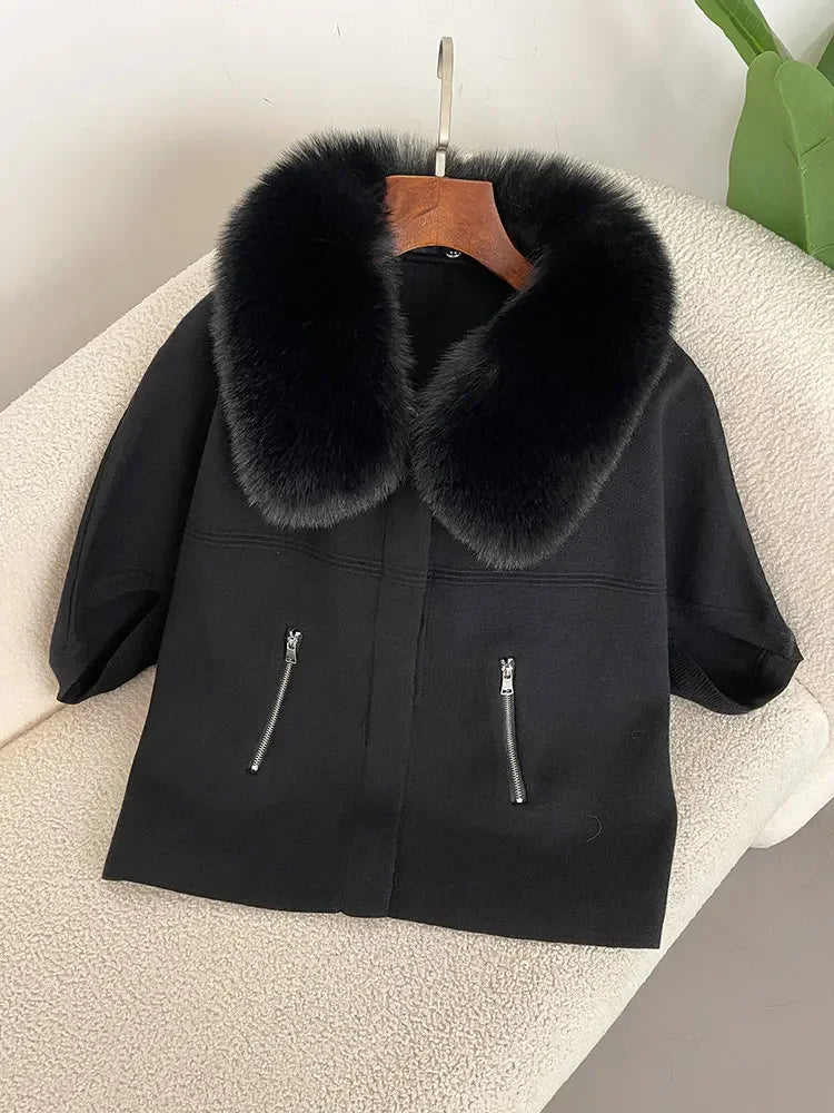 OFTBUY New Autumn and Winter Women Cardigan Short Knitted Sweater Solid Color with Faux Fur Collar Three Quarter Sleeves Coat