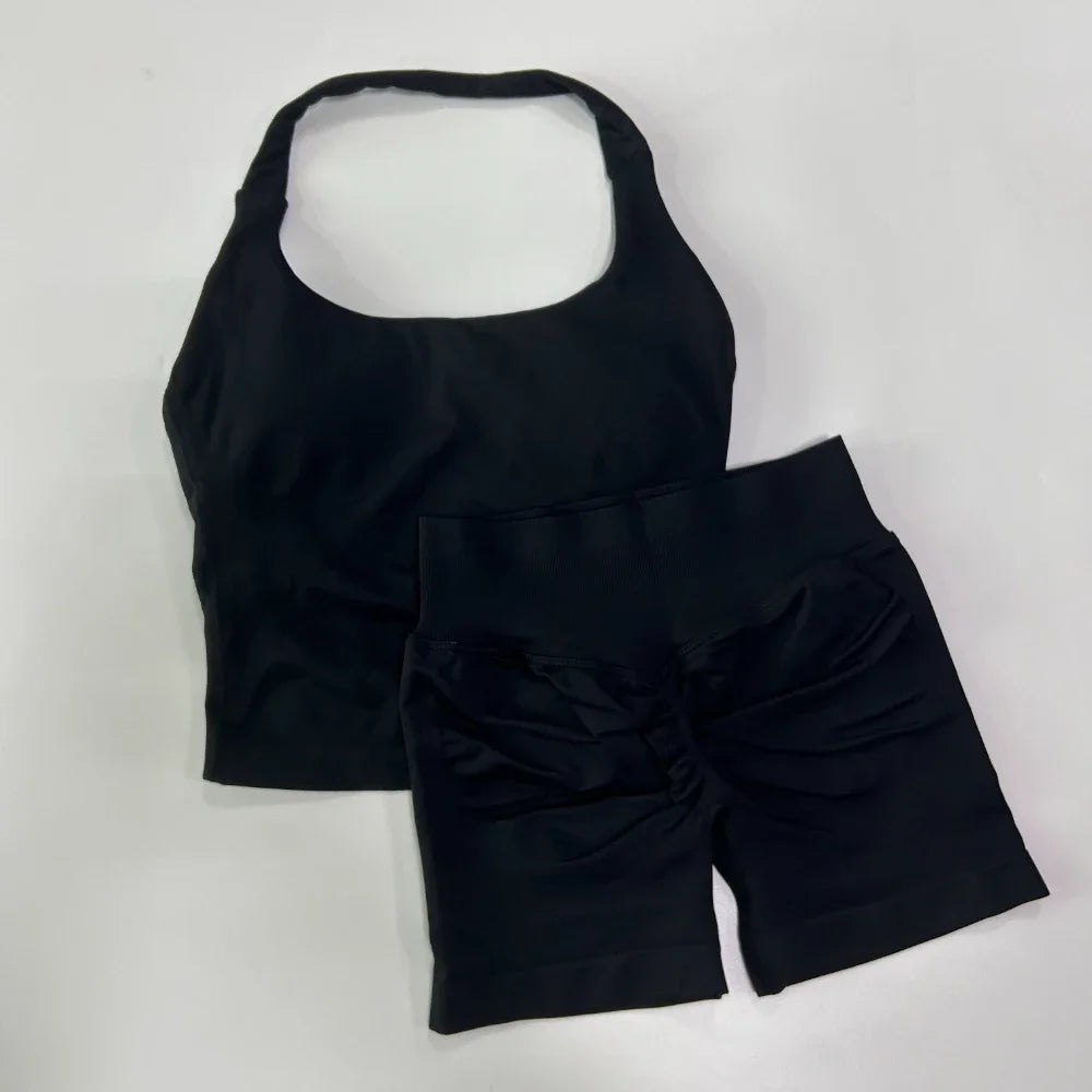 Conjunto de ginástica de 2 peças de ioga para mulheres, tops tipo halter sem costas, shorts sem costura de cintura alta, conjunto de ginástica, sutiãs esportivos de fitness, roupa esportiva, conjuntos de treino