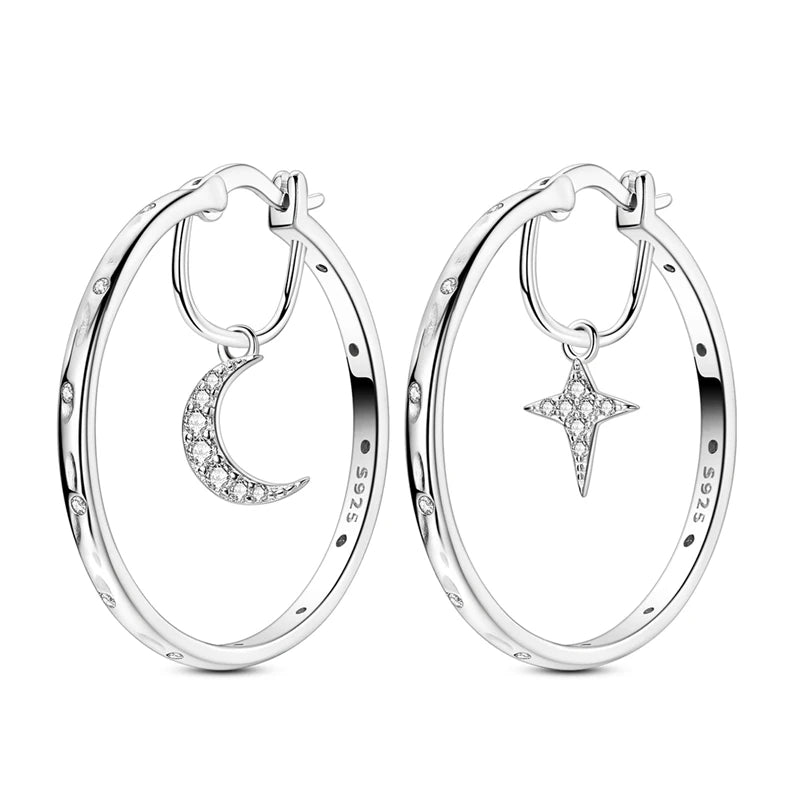 Brincos de Argola Estrela Lua Sol Prata Esterlina 925 Original Estrela Brilhante Zircônia Tassel Brincos Longos para Mulheres Presente de Joia de Luxo