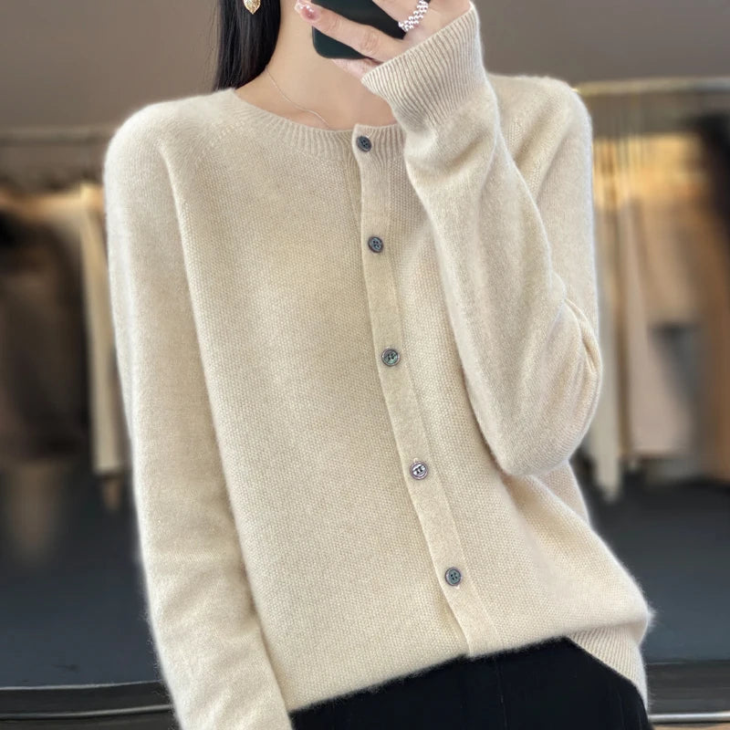 Cardigã Feminino de Lã Merino 100% Cashmere, Suéter para Outono Inverno, Gola Redonda, Manga Longa, Malha Feminina, Roupas Básicas, Blusas - Shumei XXL