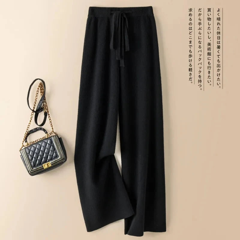 Calça Feminina de Malha Grossa Quente Casual Chique Básica Macia Elástica Cintura Alta Moda Coreana Calça Reta na Altura do Tornozelo Para Mulheres