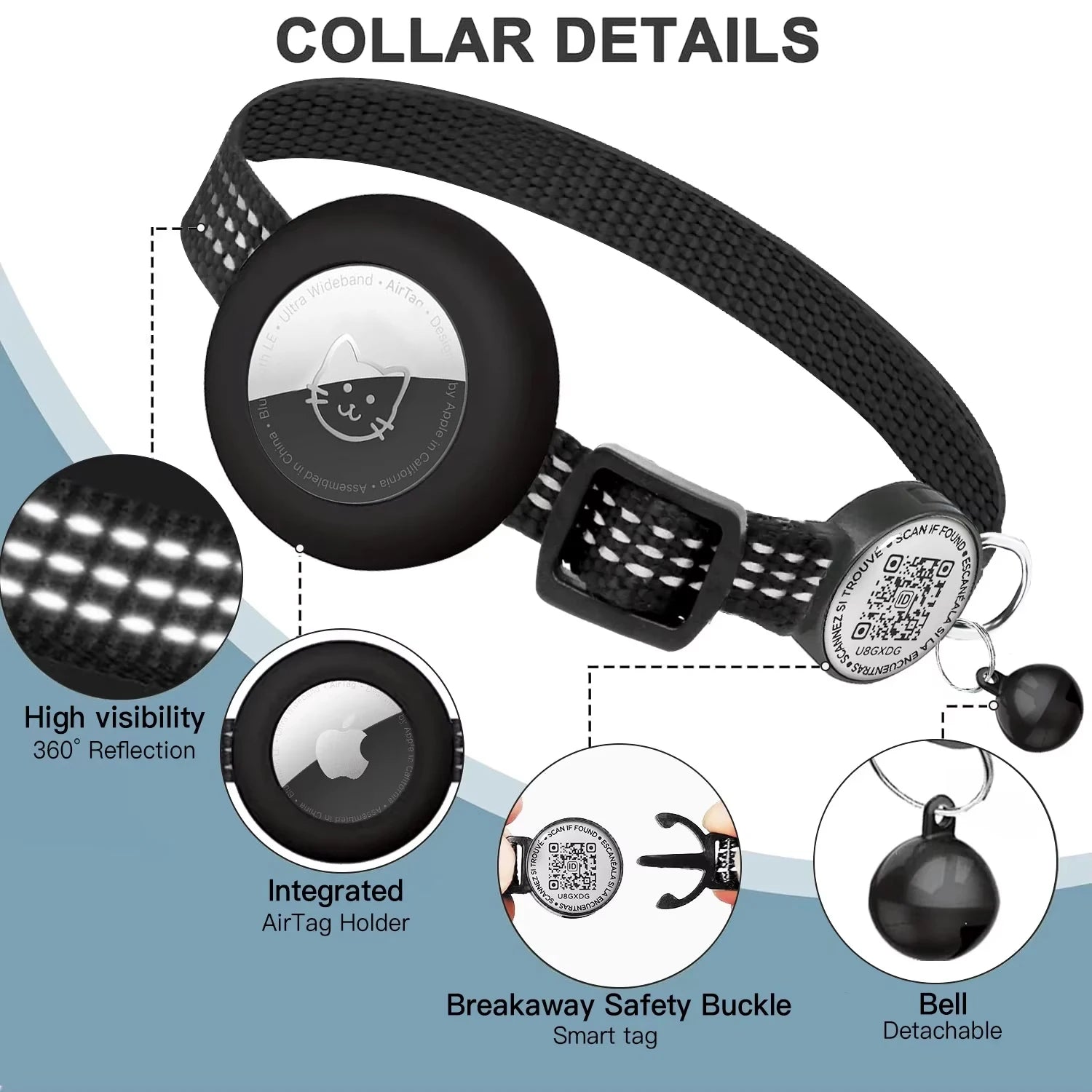 para coleira de gato GPS AirTag com etiqueta QR, coleira refletiva Apple Tag para animais de estimação com suporte para AirTag e etiqueta de gato, coleira de gatinho com estojo AIRTAG