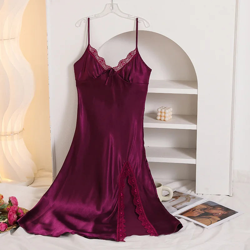 Camisola Branca Sensual Longa Feminina Cetim Lingerie Verão Novo Vestido de Casa Loungewear Pijama Mulher Nuisette Sexy De Nuit