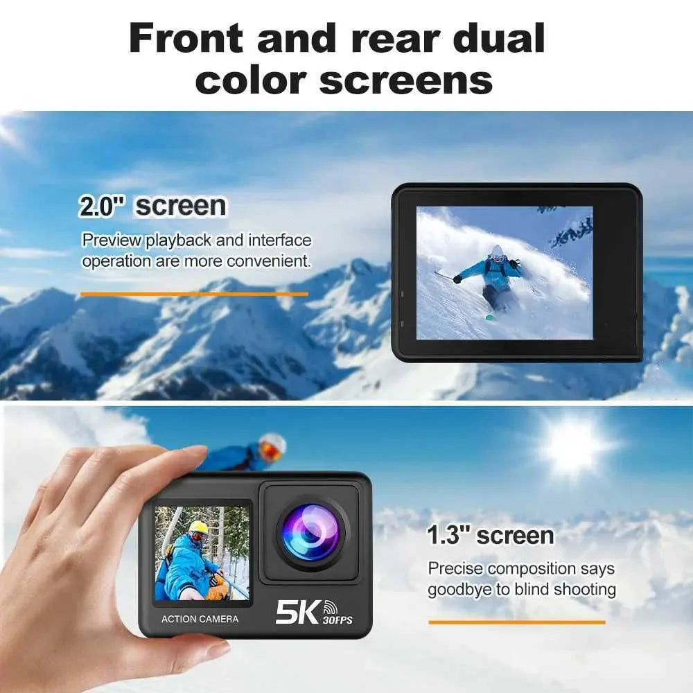 Câmera de Ação 5K Pro Câmera Esportiva com Wi-Fi, EIS e Controle Remoto HD 1080P 60FPS para Bicicleta Motocicleta Capacete e Gravação de Vídeo