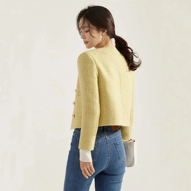 Jaqueta Feminina de Lã Outono Inverno 2024 Sobretudo Feminino Slim Transpassado Versátil Tweed Grosso Temperamento Casaco de Lã Feminino