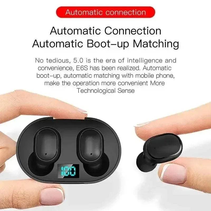 Fones de ouvido sem fio E6S com cancelamento de ruído e à prova d'água, fones intra-auriculares estéreo com estojo de carregamento e display de LED