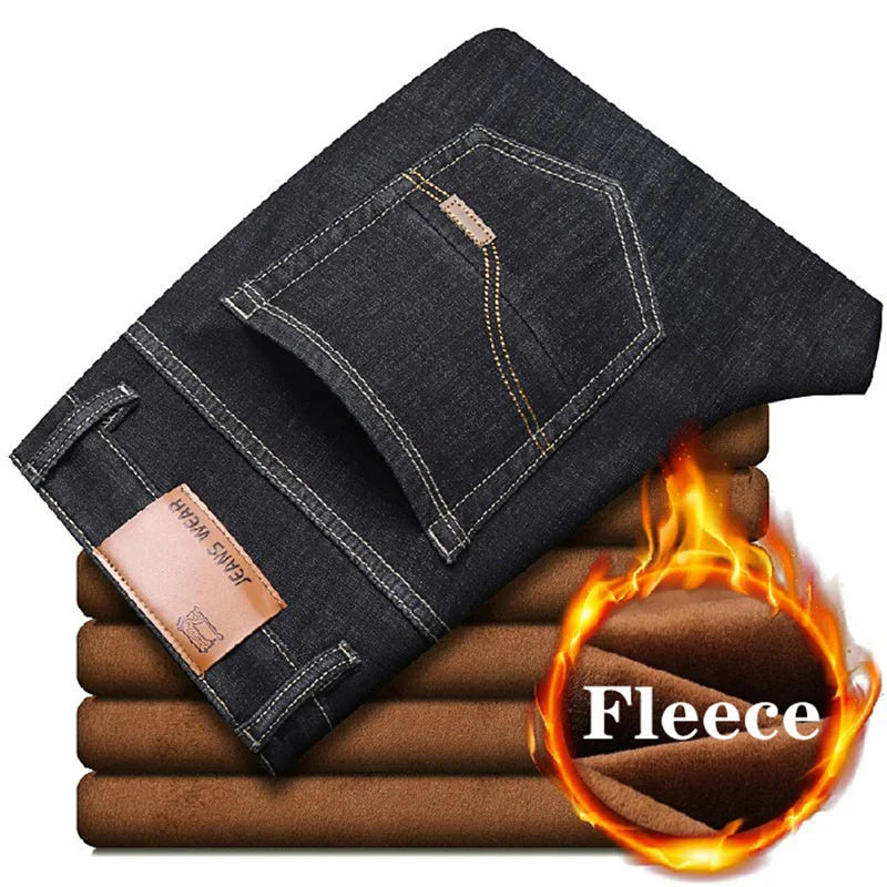 Marca Outono Inverno Quente Flocking Denim Macio Homem Atividades Forro de Lã Calça Jeans Masculina Preto Azul Cinza Cores