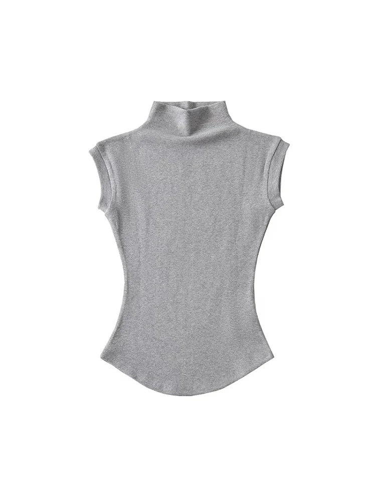 Mulheres Verão Sexy Gola Alta Regata Blusas Sólida Slim Fit Pulôver Casual Camisetas Femininas Streetwear Básicas - preto L