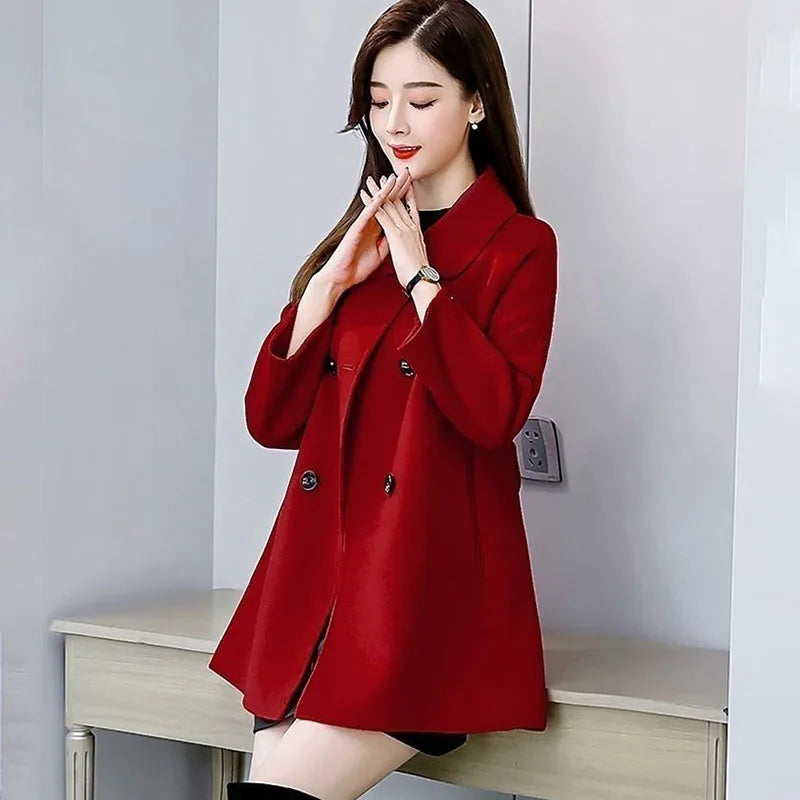 Casaco Feminino de Lã para Outono Inverno Novo Casaco Casual com Cinto Dupla Carreira Acinturado de Lã Quebra-Vento Outwear