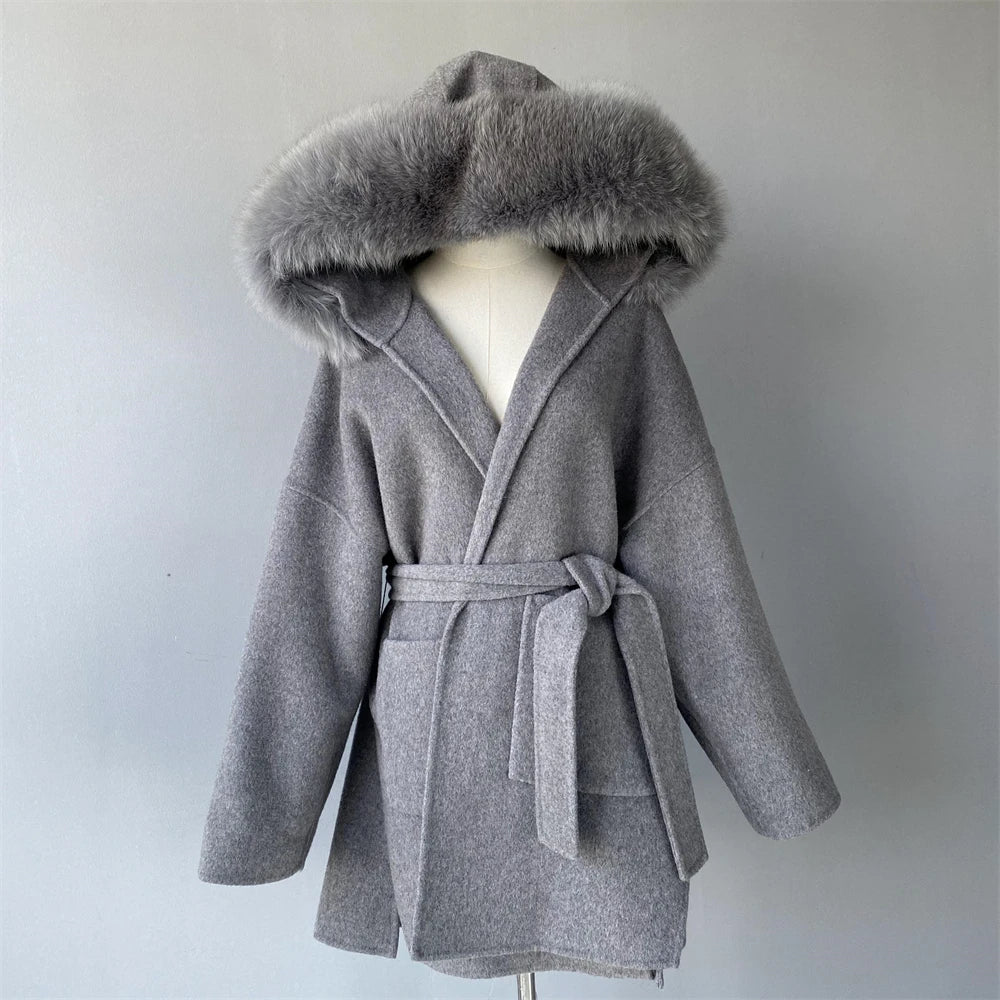 Jxwatcher Casaco de Lã e Misturas de Moda, Comprimento Médio, Jaqueta de Cashmere com Capuz, Gola e Punhos de Pele de Raposa 100% Real, Casaco de Inverno para Mulheres