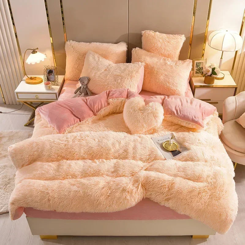 Luxury Autumn Winter Warm Pink Bedding Set Plush Kawaii Mink Velvet Queen Duvet Cover Set with Sheets Single Double Bedding Sets
