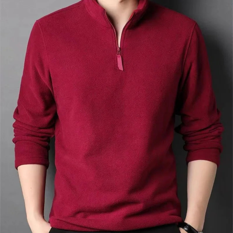 Outono Inverno Novas Camisas Polo Quentes Masculinas Lã de Cordeiro Moletom Gola Alta Meio Zíper Manga Longa Moda Versátil Camisetas Masculinas Tops
