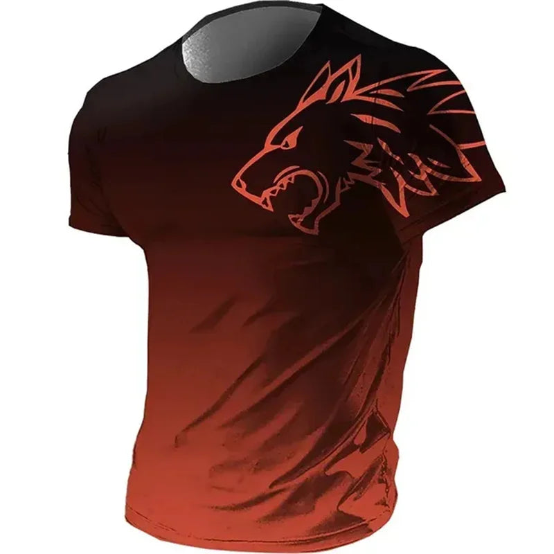 Camiseta masculina fitness sportswear verão 2024 vintage masculina 3D estampada secagem rápida gradiente animal lobo manga curta