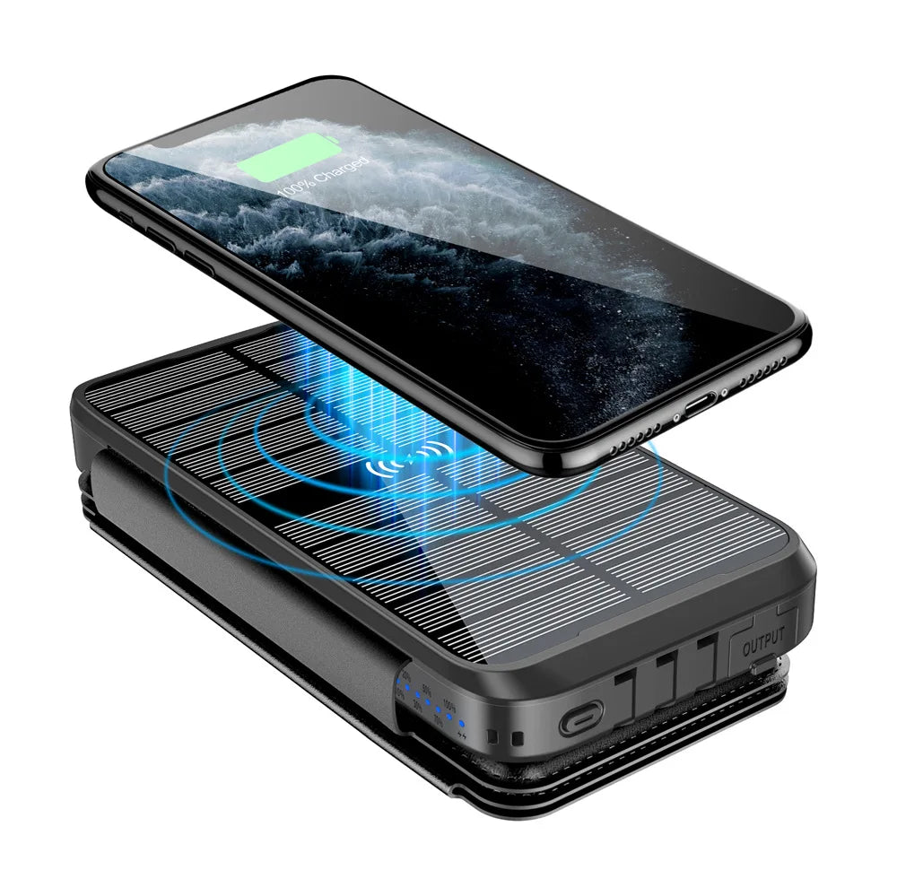 Power Bank Solar 43800mAh Carregador Sem Fio 4 Painéis Solares Luz LED