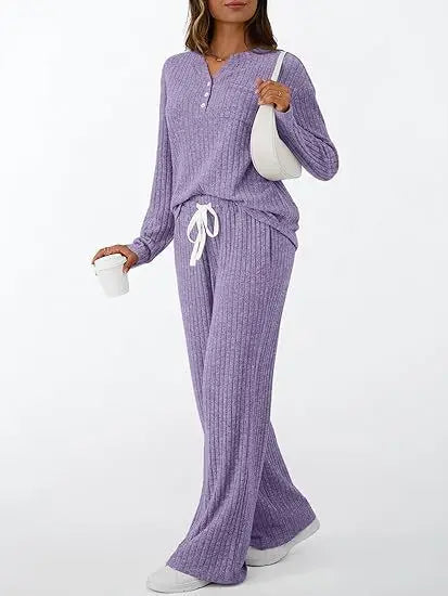Women's Ribbed Knit Loungewear Set: Henley V-Neck Top Drawstring Wide Leg Pants
