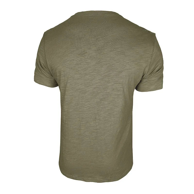 Camisetas masculinas de verão europeias e americanas, camisa Henley de algodão masculina de manga curta, camiseta masculina casual de gola redonda