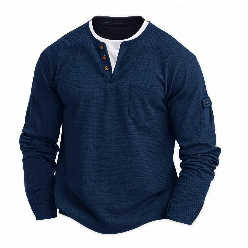 Camiseta Henley Masculina Manga Longa Casual com Botões Lisa de Algodão Waffle Falsa de Duas Peças