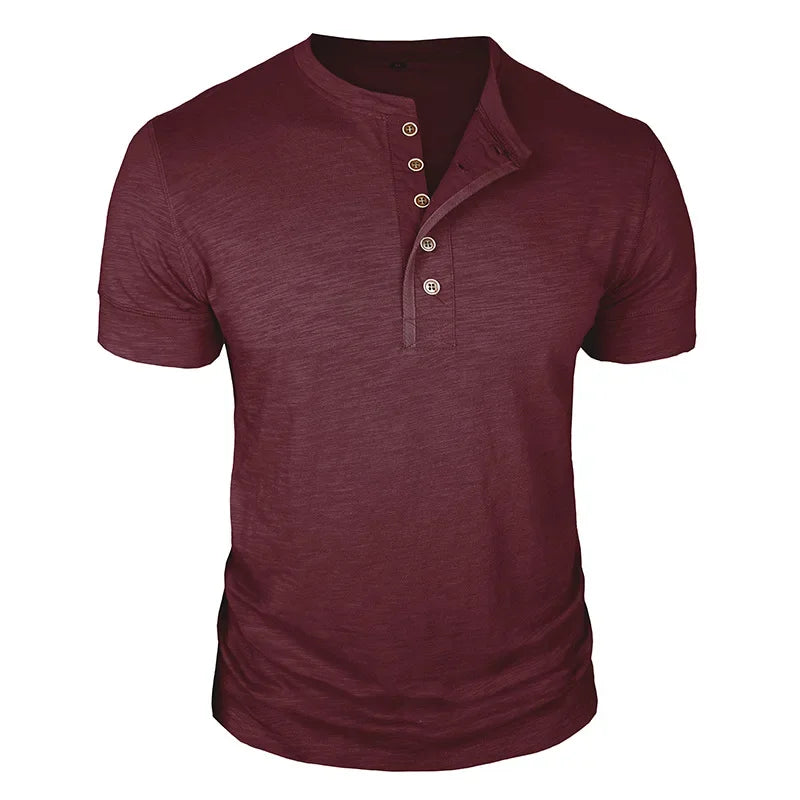 Camisetas masculinas de verão europeias e americanas, camisa Henley de algodão masculina de manga curta, camiseta masculina casual de gola redonda