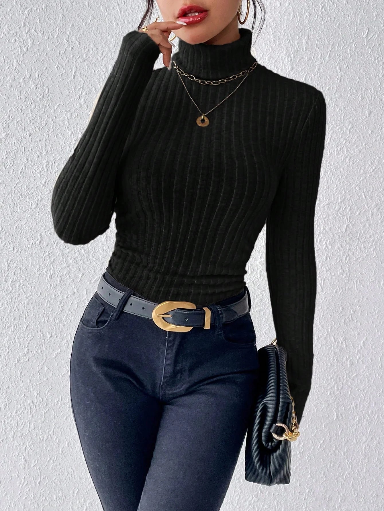 Blusa de malha canelada escovada de manga comprida, gola alta, cor sólida, casual e elegante, para outono e inverno