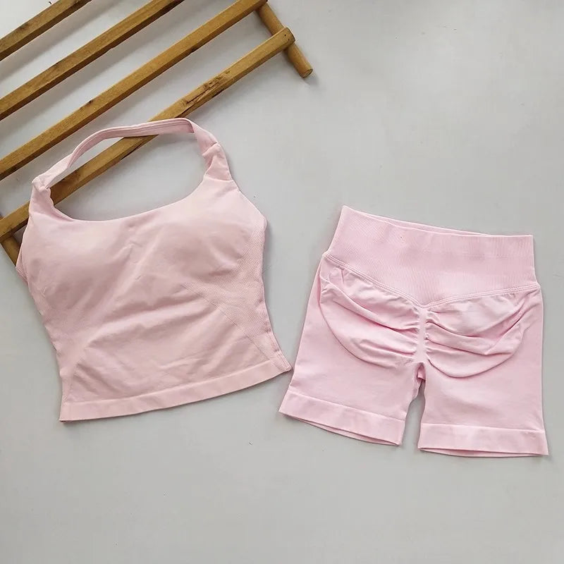 Conjunto de ginástica de 2 peças de ioga para mulheres, tops tipo halter sem costas, shorts sem costura de cintura alta, conjunto de ginástica, sutiãs esportivos de fitness, roupa esportiva, conjuntos de treino