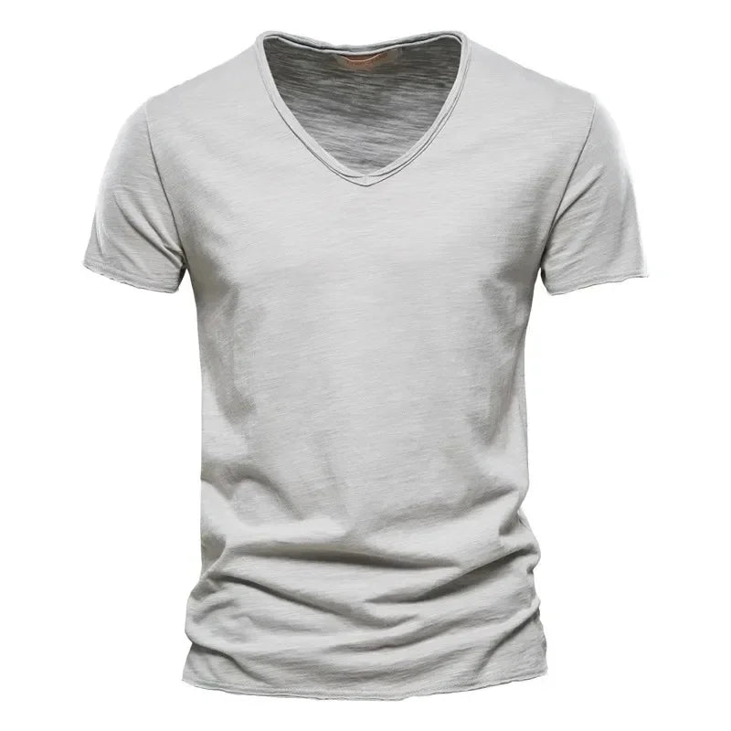 Men's 100% Cotton V-Neck T-Shirt Slim Fit Short Sleeve Fashion Fitness Tee S-5XL