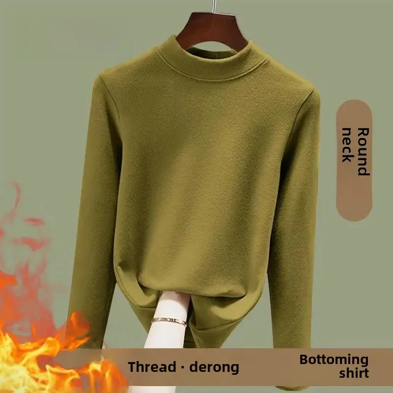 Warm Long Sleeve Crew Neck T Shirt Fashionable Spring Commute Thermal Base Layer Shirt Single Dual Threaded Velvet Polyester Fib - L ([recommended 50.00 kg-57.50 kg]) Elegant green [A046 single piece]]