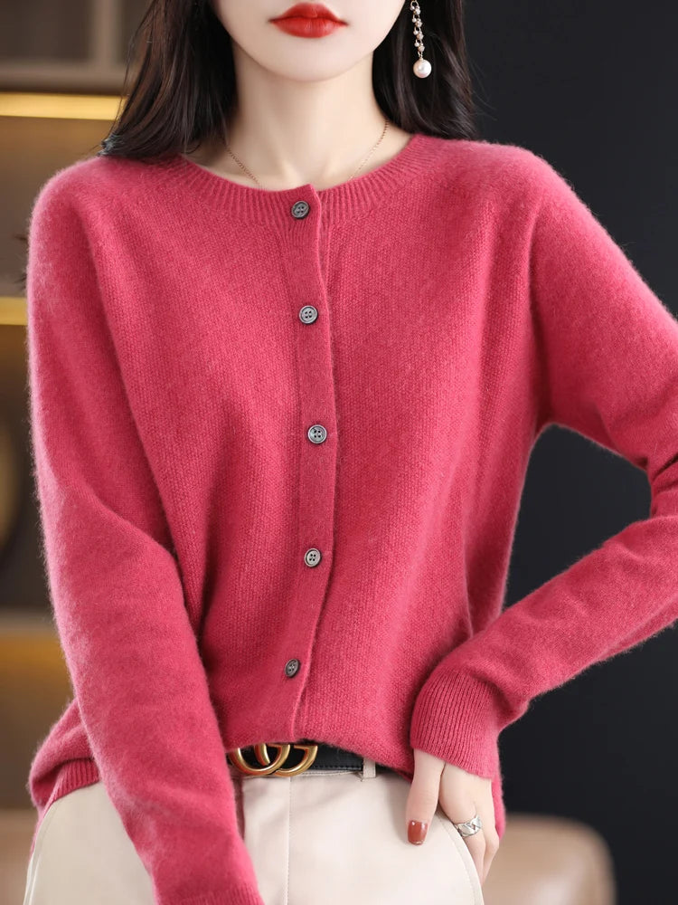 Suéter de cashmere feminino 100 lã merino cardigã de malha Outono Inverno O Pescoço Cor Sólida Casual Fashion Top 1 - Azul Changchunhua L