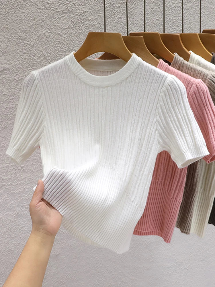 Camisetas de verão 2026 femininas casuais coreanas de malha streetwear tees básicas sólidas jovens blusas frescas - Vermelho Tamanho Único