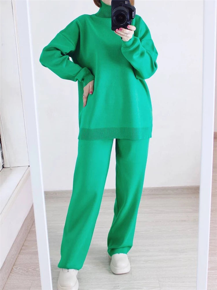 Conjuntos Femininos de Inverno Outono 2 Peças Agasalho de Malha Gola Rolê e Calça Jogger Reta