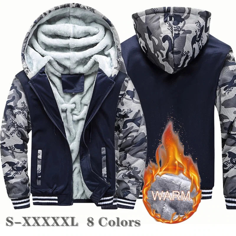 Jaqueta Masculina Inverno Camuflada Fleece Grossa Capuz Masculino Manga Comprida Casaco Casual Zíper Moletom Streetwear Casacos Masculinos