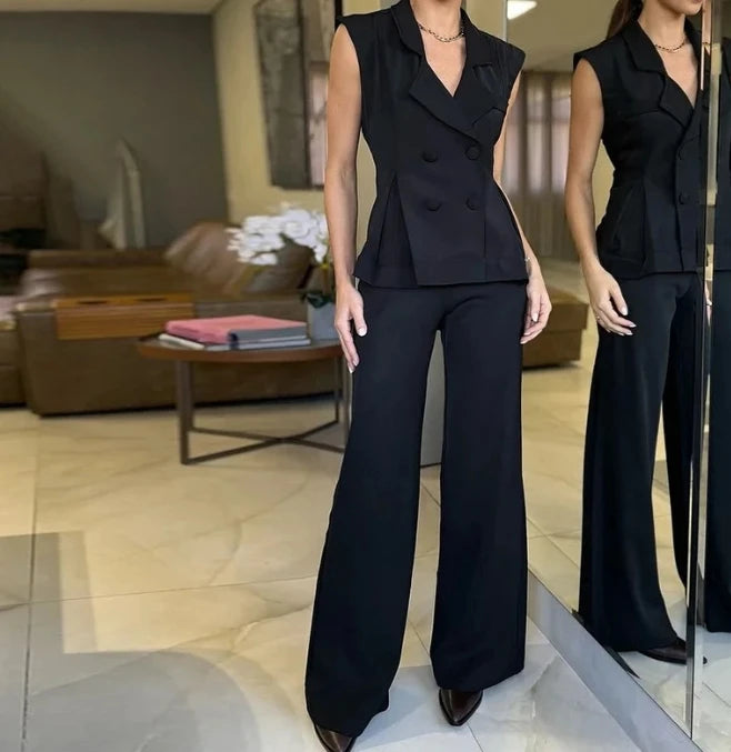 Conjunto de Duas Peças Feminino Outono 2024 Nova Moda Casual Sólido Diário Deslocamento Gola Entalhada Blazer Casaco Calças com Bolso Conjunto 1 - A S