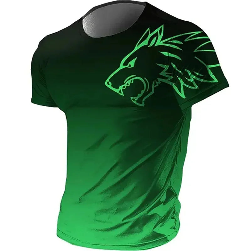 Camiseta masculina fitness sportswear verão 2024 vintage masculina 3D estampada secagem rápida gradiente animal lobo manga curta