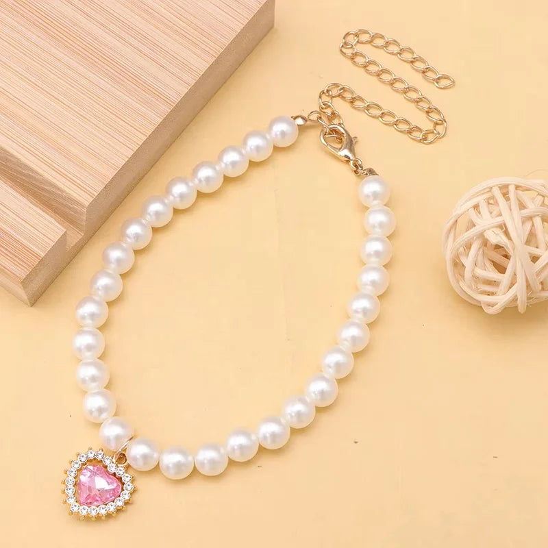 Pet Rhinestone Collar Adjustable Cat Princess Pendant Pearl Necklace Dog Sweet Decorations Puppy Gem Jewelry Accesorios