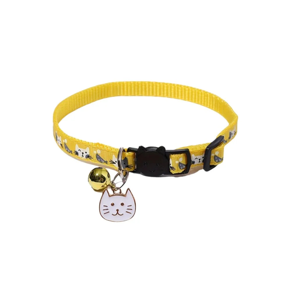 Coleira Ajustável para Gato com Fivela de Segurança de Liberação Rápida Antiasfixia para Filhotes, com Pingente de Rosto de Gato, Sino e Estampa de Gato