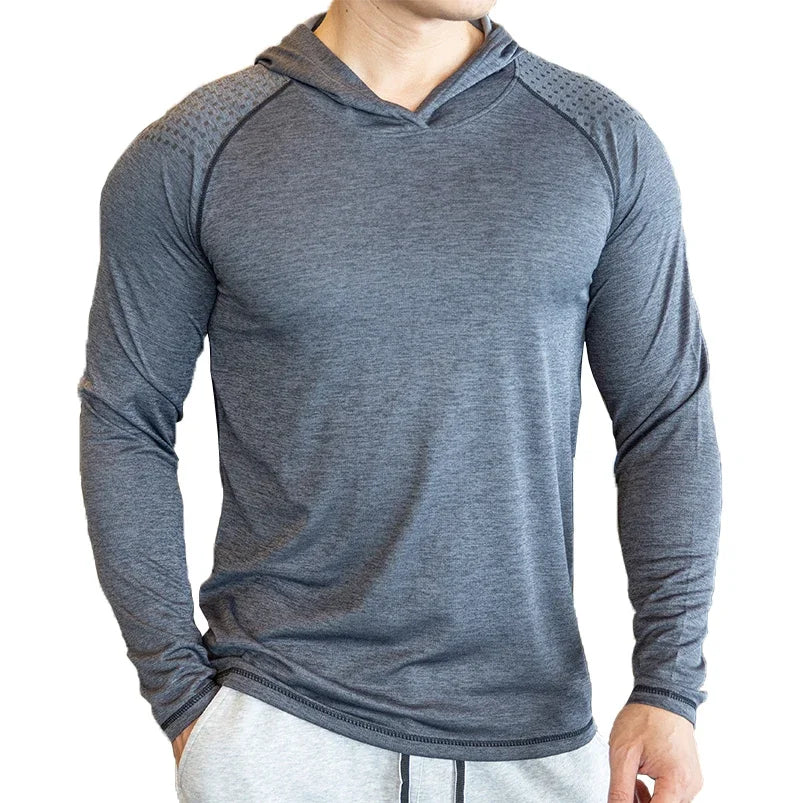 Camiseta Masculina de Outono para Academia Manga Longa Casual Slim Fit Elástica Esportiva Fitness Respirável Secagem Rápida com Capuz