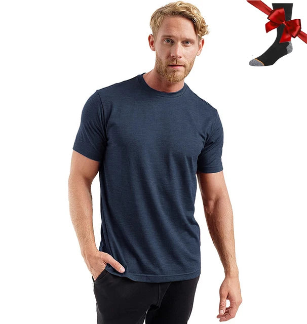 Camiseta Masculina 100% Lã Merino Super Fina Camada Base de Lã Merino que Absorve a Umidade Respirável de Secagem Rápida Antiodor + Meias de Lã Merino