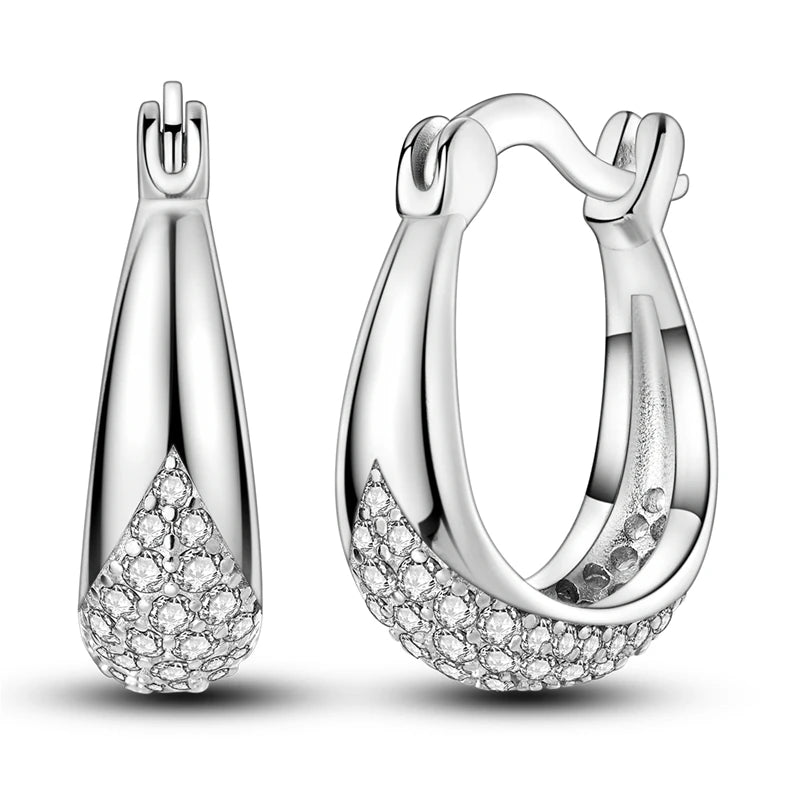 Brincos de Argola Coração Amor Brilhante Zircônia 925 Prata Esterlina Original para Mulheres Aniversário de Casamento Joia de Presente