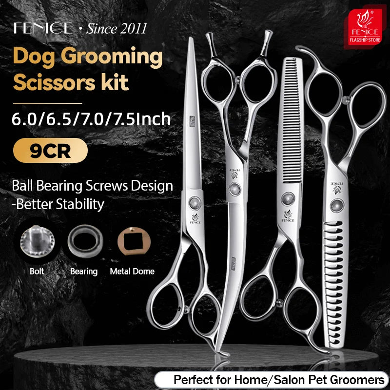 Conjunto Profissional de Tosas Domésticas para Animais de Estimação Fenice Tesouras Retas Curvas de Desbaste e Tosa de 6/6,5/7/7,5 Polegadas com Parafuso de Rolamento para Cães/Gatos