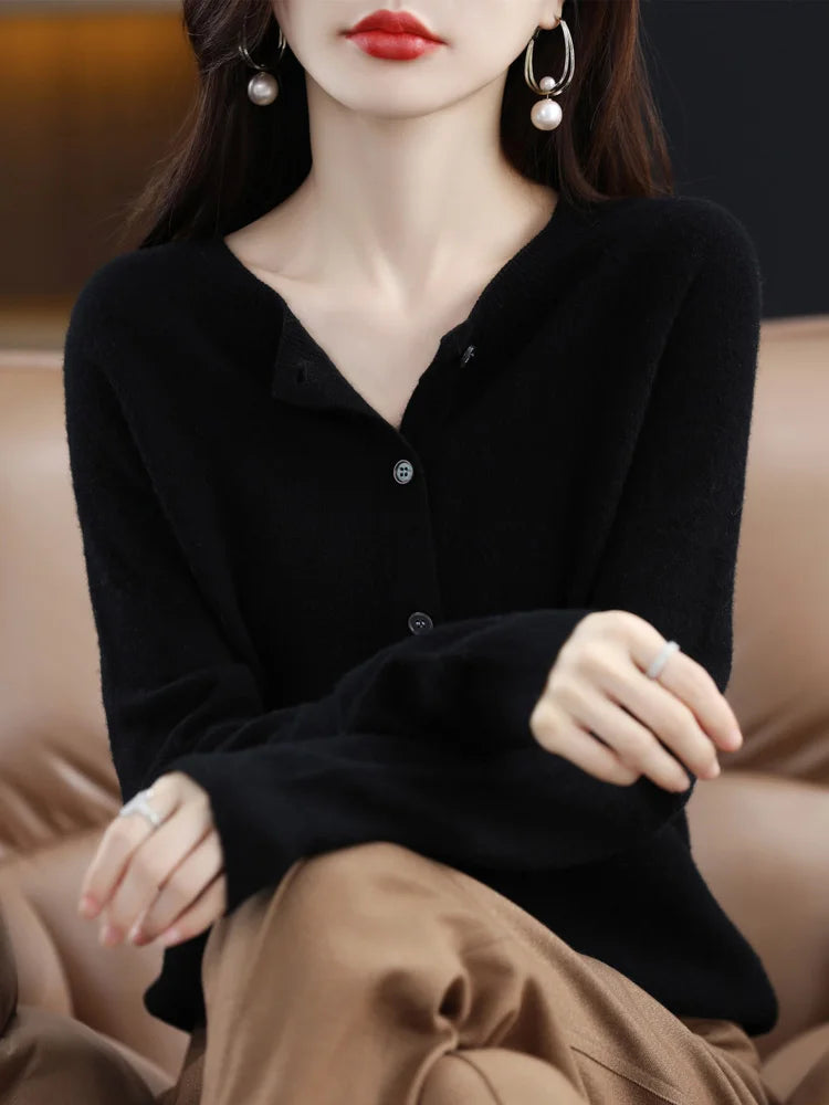 Long Sleeve 100 Merino Wool Sweaters Spring Autumn Women O Neck Knitwear Tops Clothing Fashion Basic Tops - SKY BLUE M