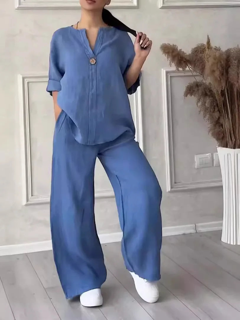 Conjunto de Linho e Algodão 2 Peças Blusa de Manga Comprida Solta com Botão e Calça Pantalona Larga de Cintura Alta Elástica NMD-3021