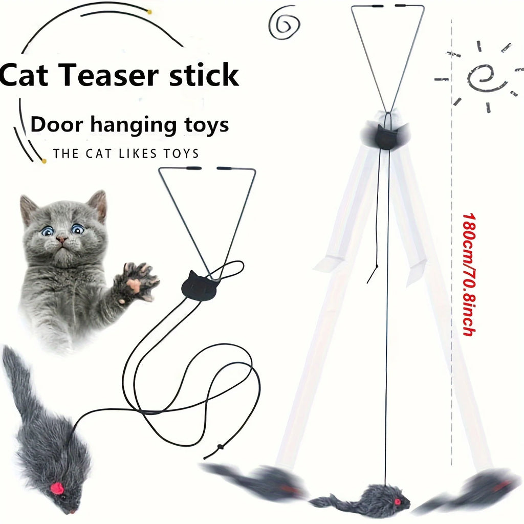 2 Peças Brinquedo Gato Suspenso Ajustável Brinquedos Interativos de Rato de Pendurar na Porta Retrátil Brinquedo Divertido Arranhador de Gato Corda Rato Brinquedo
