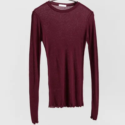 High Quality Plain T Shirt Women Cotton Elastic Basic T Shirts Female Casual Tops Long Sleeve Sexy Thin T Shirt See Through - GRAY L