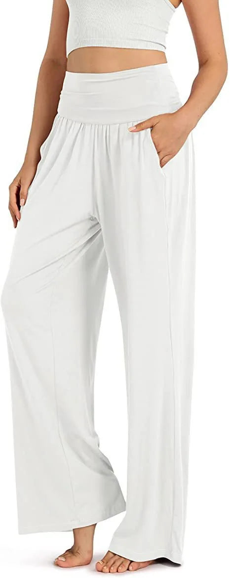 Calça Feminina Casual de Cintura Alta com Perna Larga para Yoga, Macia, com Bolsos