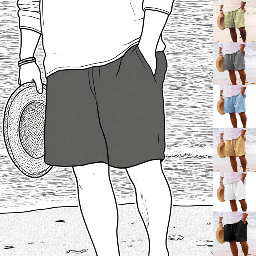 2025 Nova Coleção de Verão Masculina, Shorts Casuais de Algodão e Linho Respiráveis, Calças de Praia Estilo Havaiano, Cor Sólida, Soltas e Versáteis, Moda Streetwear Masculina