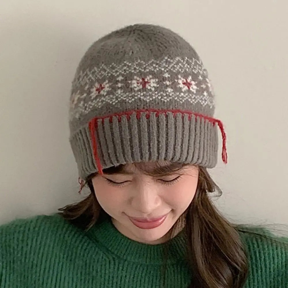 Chapéu Pulôver de Malha de Lã Casual À Prova de Frio Manter Quente Jacquard Chapéu de Lã Cor Sólida Proteção de Orelha Touca Feminina
