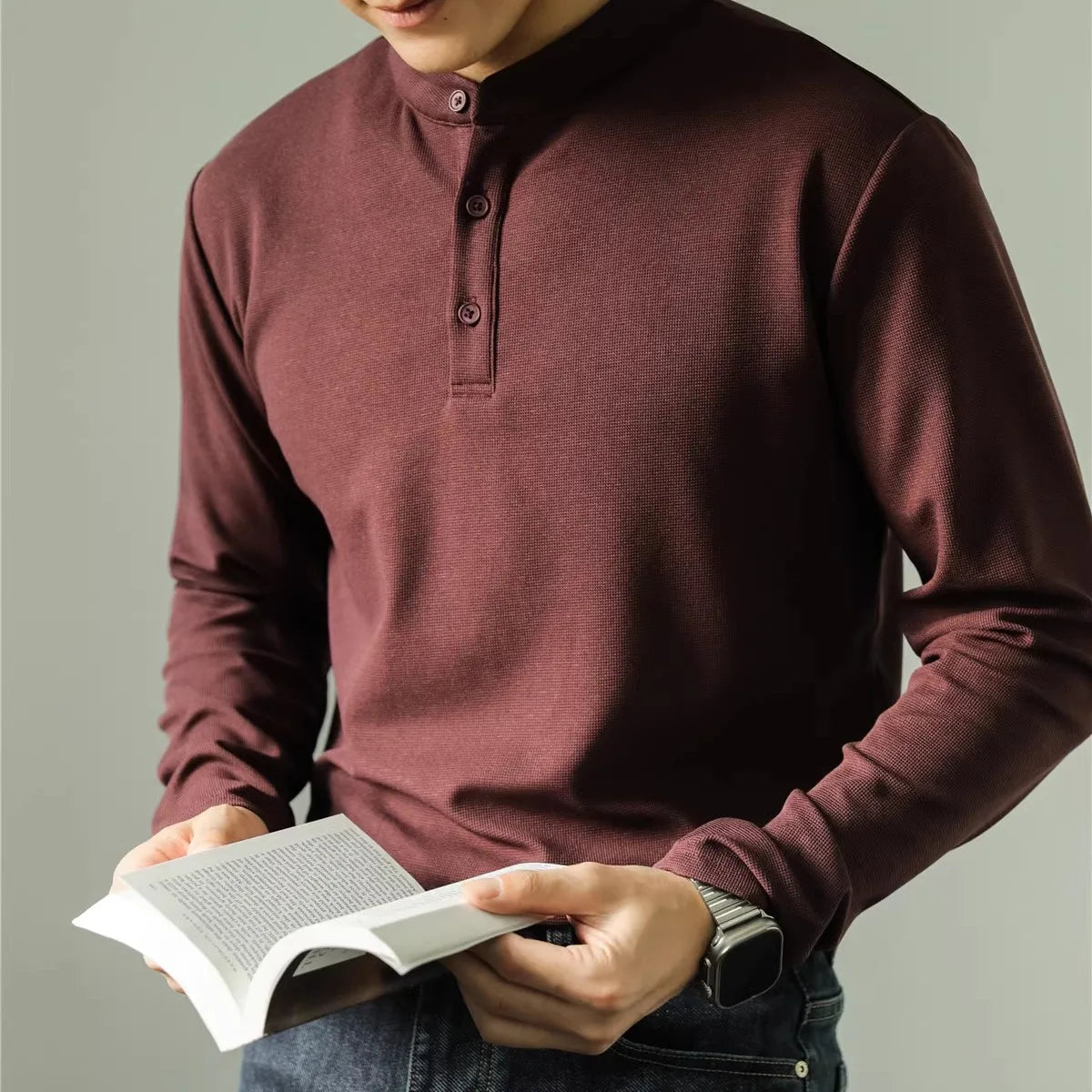 Polo Masculina de Luxo Manga Longa Gola Padre Lisa com Abertura Henley Casual Executiva.M-4XL