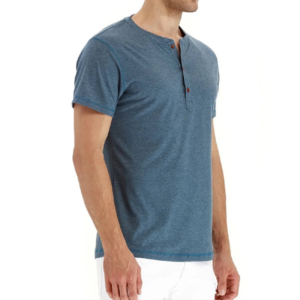 Camiseta Masculina Algodão de Qualidade Gola Henley Design de Moda Slim Fit Cor Sólida Tops Masculinos Camisetas Manga Curta Para Homens