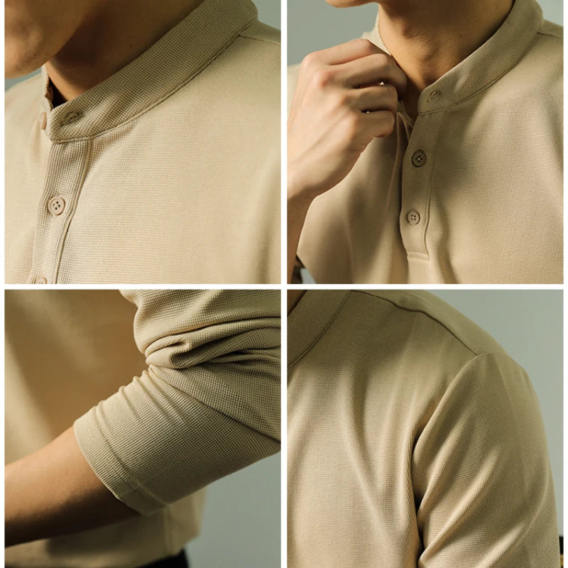 Polo Masculina de Luxo Manga Longa Gola Padre Lisa com Abertura Henley Casual Executiva.M-4XL
