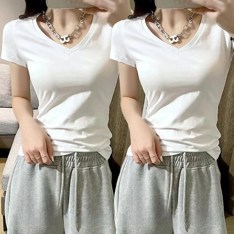 Summer Womens Slim Fit Short Sleeve T Shirt Half Sleeve Base Shirt Versatile Base Layer Top Quality Polyester Fiber Commute - M V white + v white [2-pack]