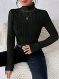 Outono E Inverno Gola Alta Cor Sólida Casual E Elegante Manga Comprida Malha Canelada Escovada T Shirt Top 1 - 69546black PP